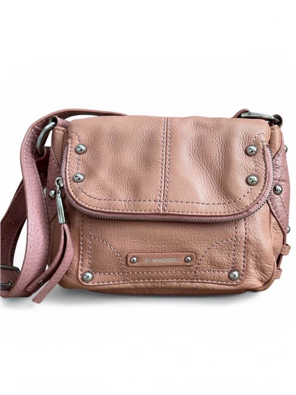 b. Makowsky Vintage Dusty Rose Pink Studded Leather Crossbody Bag